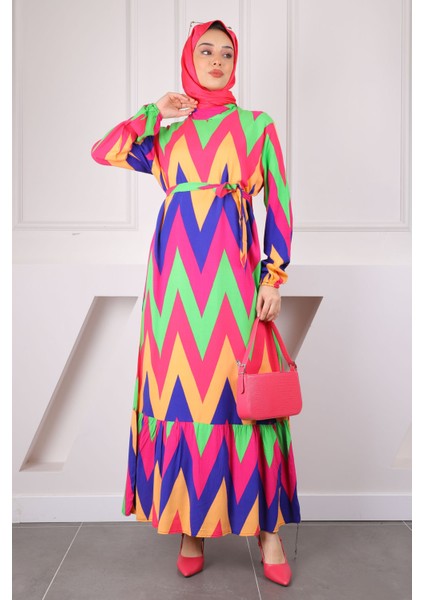 Yeşil/pembe Desenli Eteği Katlı Viscon Elbise