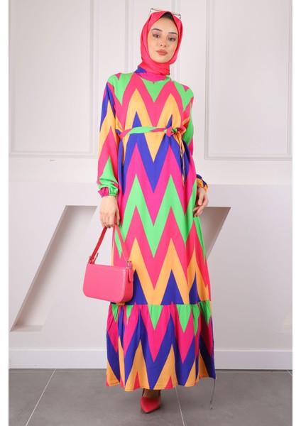 Yeşil/pembe Desenli Eteği Katlı Viscon Elbise fiyatları