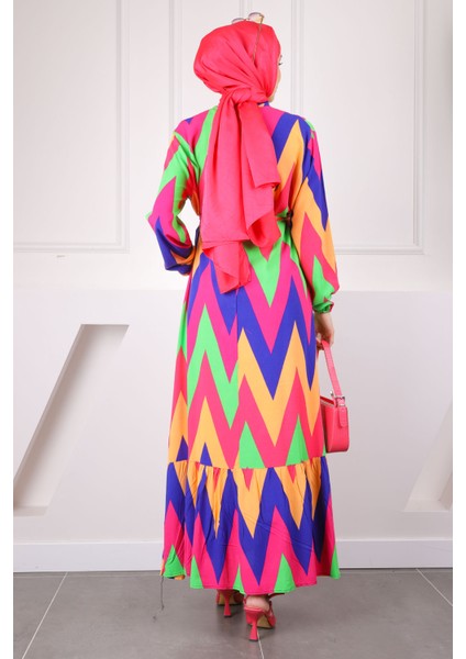 Yeşil/pembe Desenli Eteği Katlı Viscon Elbise modelleri