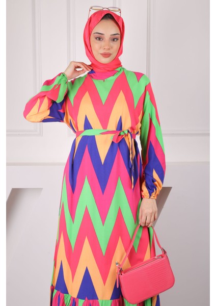 Yeşil/pembe Desenli Eteği Katlı Viscon Elbise fırsatları