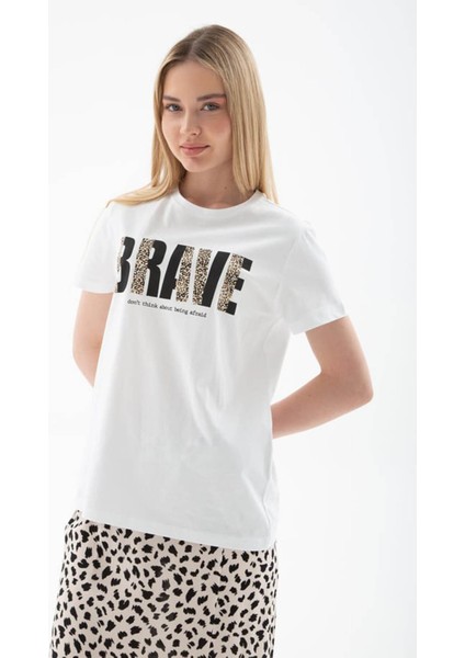 Baskılı %100 Pamuklu Beyaz Kadın T-Shirt 25Y0433K1
