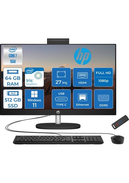 27-CR1013NT Intel Core Ultra 7 155U 64GB Ddr5 512GB SSD Windows 11 Pro Intel® Aı Boost 27 Inç IPS Fullhd All In One Bilgisayar B88GNEAP17+ Zetta Flash Bellek