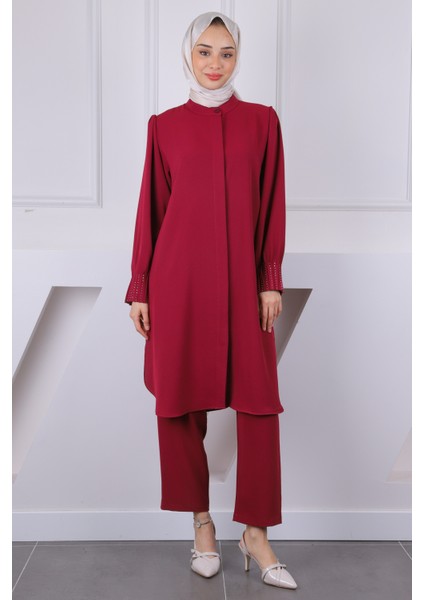 Bordo Hakim Yaka Kolu Nervürlü Tunik Pantolonlu Takım