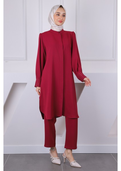 Bordo Hakim Yaka Kolu Nervürlü Tunik Pantolonlu Takım fiyatları