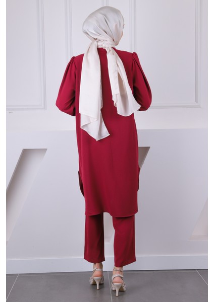 Bordo Hakim Yaka Kolu Nervürlü Tunik Pantolonlu Takım modelleri