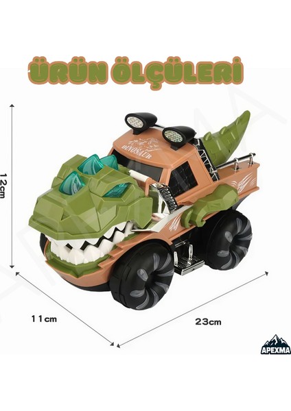 Işıklı Sesli Müzikli Hareketli Dinozor Araba - Oyuncak Hareketli Dinazor Figürlü Çarp-Dön Araç Yeşil
