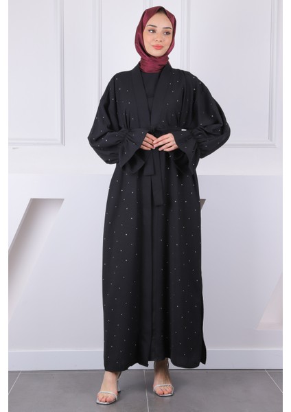 Siyah Kuşaklı Taşlı Abaya fiyatları