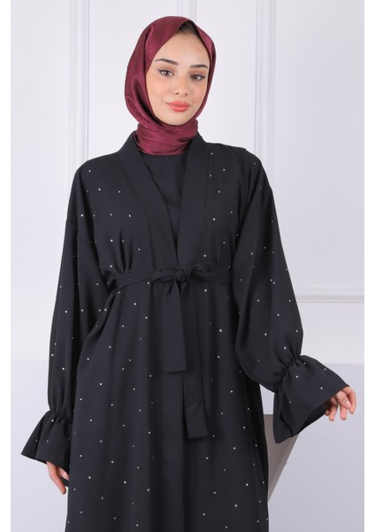 Siyah Kuşaklı Taşlı Abaya fırsatları