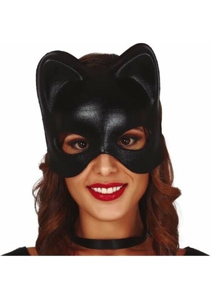 Siyah Deri Görünümlü Kedi Maskesi