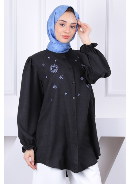 Siyah Kol Lastikli Çiçek Nakışlı Gömlek