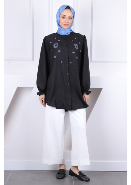 Siyah Kol Lastikli Çiçek Nakışlı Gömlek fiyatları
