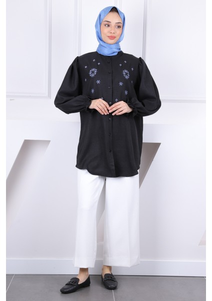 Siyah Kol Lastikli Çiçek Nakışlı Gömlek modelleri