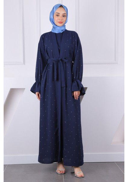 Lacivert Kuşaklı Taşlı Abaya