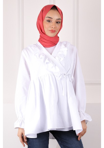 Ekru Yaka Fırfırlı Kimono
