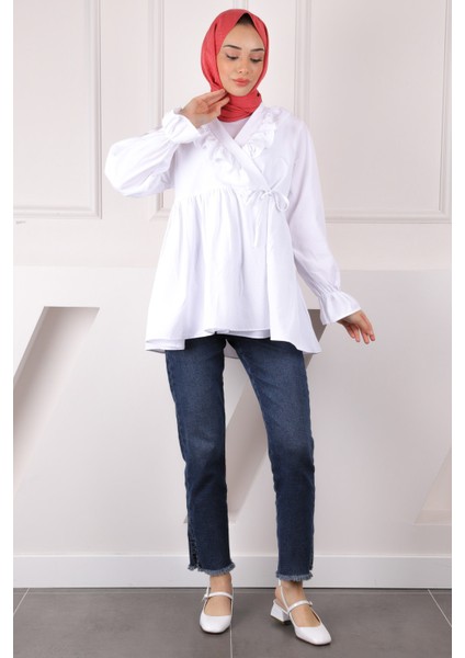 Ekru Yaka Fırfırlı Kimono