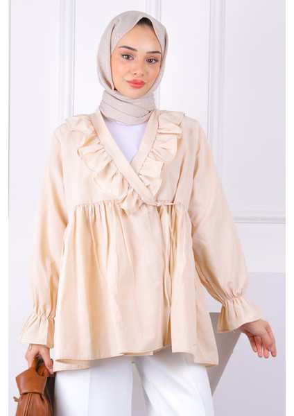 Bej Yaka Fırfırlı Kimono