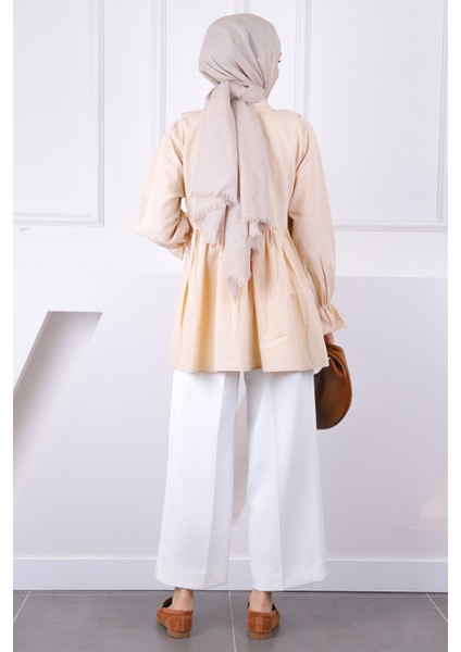 Bej Yaka Fırfırlı Kimono