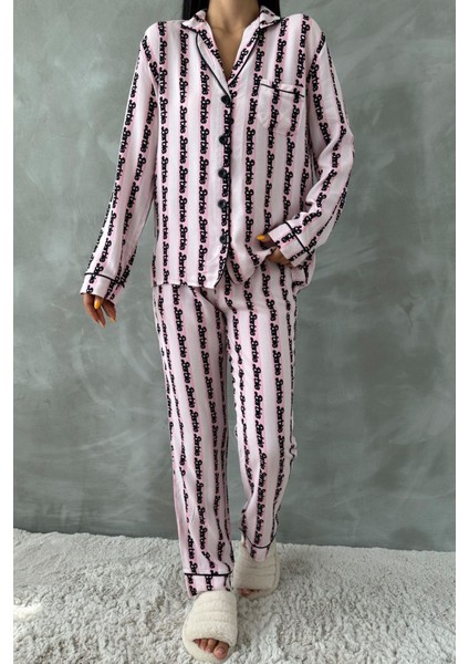 Fenzo Pamuklu Viskon Pembe-Siyah Uzun Kollu Biyeli Düğmeli Lastikli Desenli Kadın Pijama Takımı fiyatları