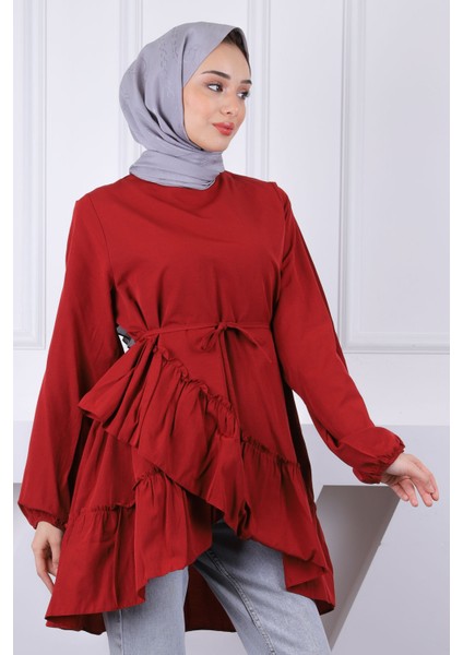 Bordo Eteği Katlı Fırfırlı Tunik