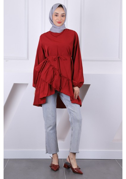Bordo Eteği Katlı Fırfırlı Tunik