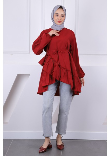Bordo Eteği Katlı Fırfırlı Tunik