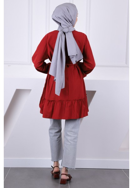 Bordo Eteği Katlı Fırfırlı Tunik