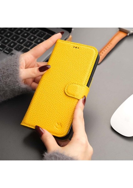 Casper iPhone 14 Pro Max Kılıf - El Yapımı Hakiki Deri - Manyetik Ayrılabilen Cüzdanlı Kılıf - Sarı