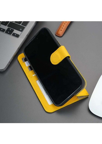 Casper iPhone 14 Pro Max Kılıf - El Yapımı Hakiki Deri - Manyetik Ayrılabilen Cüzdanlı Kılıf - Sarı