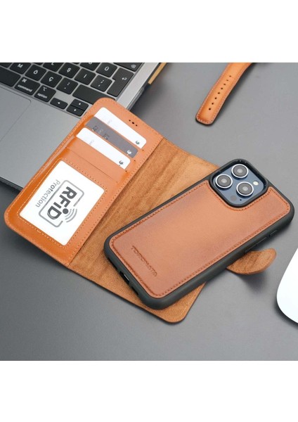 Casper Apple iPhone 15 Pro Max Deri Kılıf Magsafe Mıknatıslı Ayrılabilir Cüzdan-Rustik Taba