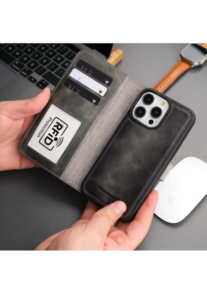 Casper Apple iPhone 13 Pro Max Kılıf Magsafe Mıknatıslı Ayrılabilir Cüzdan-Gri