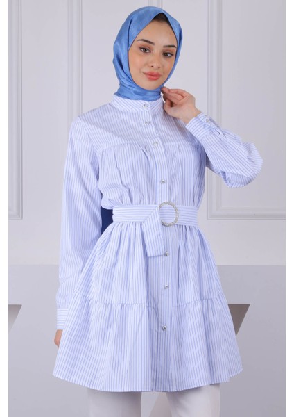 Mint Yeşili Hakim Yaka Çizgili Poplin Tunik