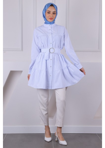 Mint Yeşili Hakim Yaka Çizgili Poplin Tunik