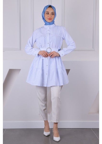 Mint Yeşili Hakim Yaka Çizgili Poplin Tunik