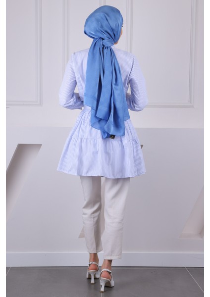 Mint Yeşili Hakim Yaka Çizgili Poplin Tunik