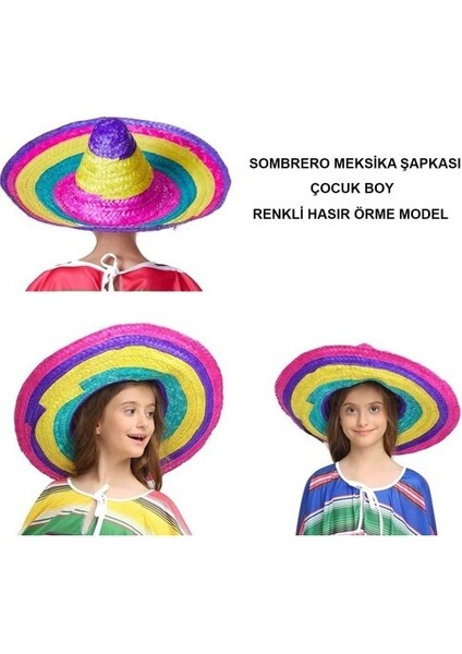 Sombrero Meksika Şapkası Renkli Örme Hasır Çocuk Boy