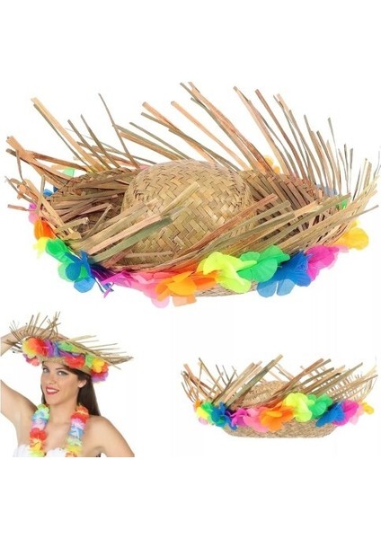 Natural Renkli Püsküllü Örme Hasır Hawaii Şapka