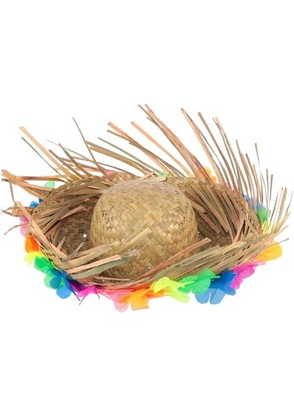 Natural Renkli Püsküllü Örme Hasır Hawaii Şapka