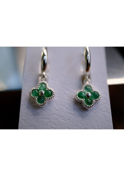0.48 ct Natural Zümrüt Taşlı Sallantılı Gümüş Küpe