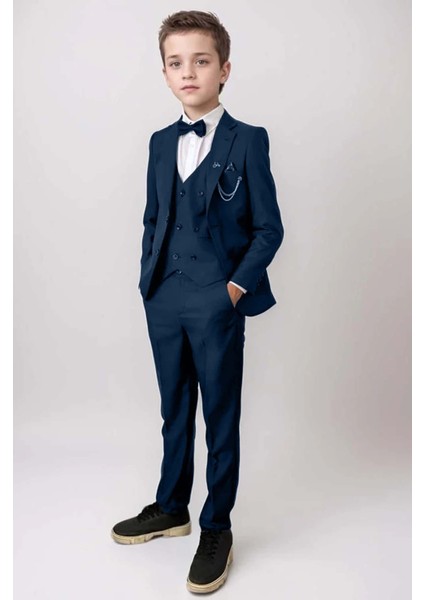 Erkek Çocuk Blazer Ceketli, Cepken Yelekli Lacivert Takım Elbise 5-9 Yaş