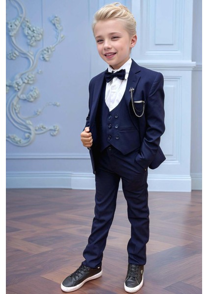 Erkek Çocuk Blazer Ceketli, Cepken Yelekli Lacivert Takım Elbise 5-9 Yaş modelleri