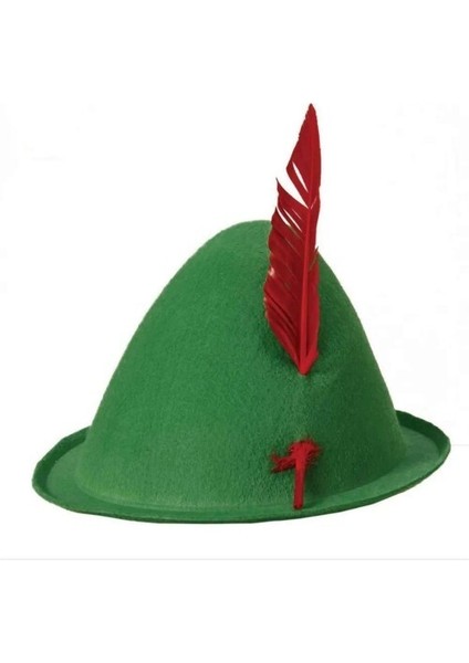 Peter Pan Şapkası Yeşil Renk Kırmızı Tüylü