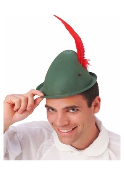 Peter Pan Şapkası Yeşil Renk Kırmızı Tüylü