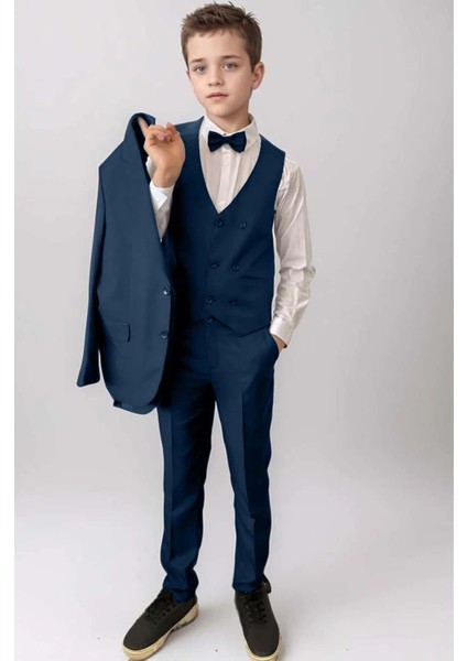 Erkek Çocuk Blazer Ceketli, Cepken Yelekli Lacivert Takım Elbise 10-16 Yaş