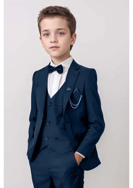 Erkek Çocuk Blazer Ceketli, Cepken Yelekli Lacivert Takım Elbise 10-16 Yaş
