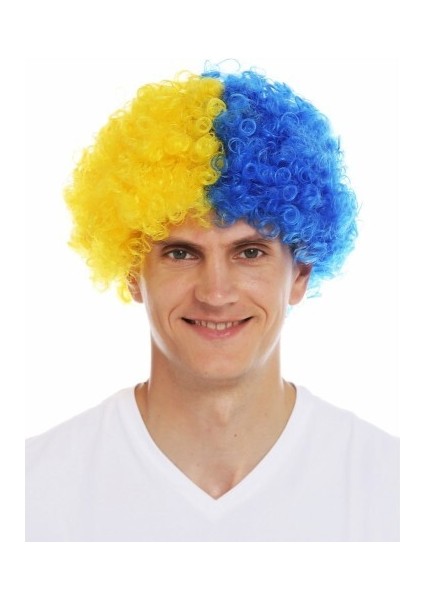 Sarı Lacivert Kıvırcık Afro Bonus Taraftar Peruğu