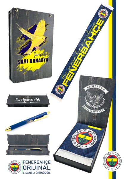 Orijinal Lisanslı Her Zaman Hep Seninleyiz Şal Atkı ve Hybrt Tükenmez Kalem Set Kanarya Baskılı Ahşap Kutulu