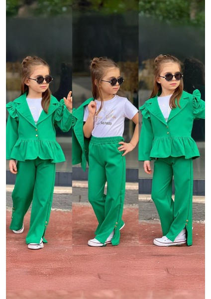 Volanlı Ceketli Kız Çocuk 3 lü takım - Yeşil