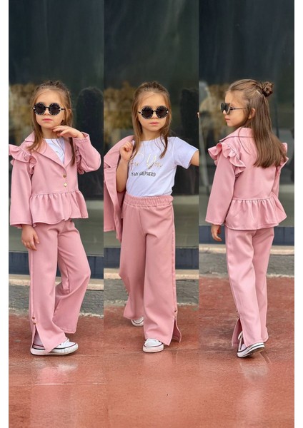 Volanlı Ceketli Kız Çocuk 3 lü takım - Pudra