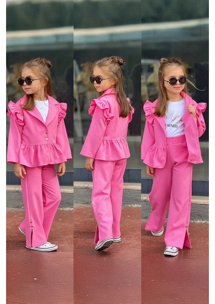 Volanlı Ceketli Kız Çocuk 3 lü takım - Pembe