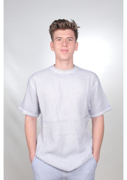 Sıfır Yaka Yıkamalı Taşlamalı Kısa Kollu Erkek T-Shirt
